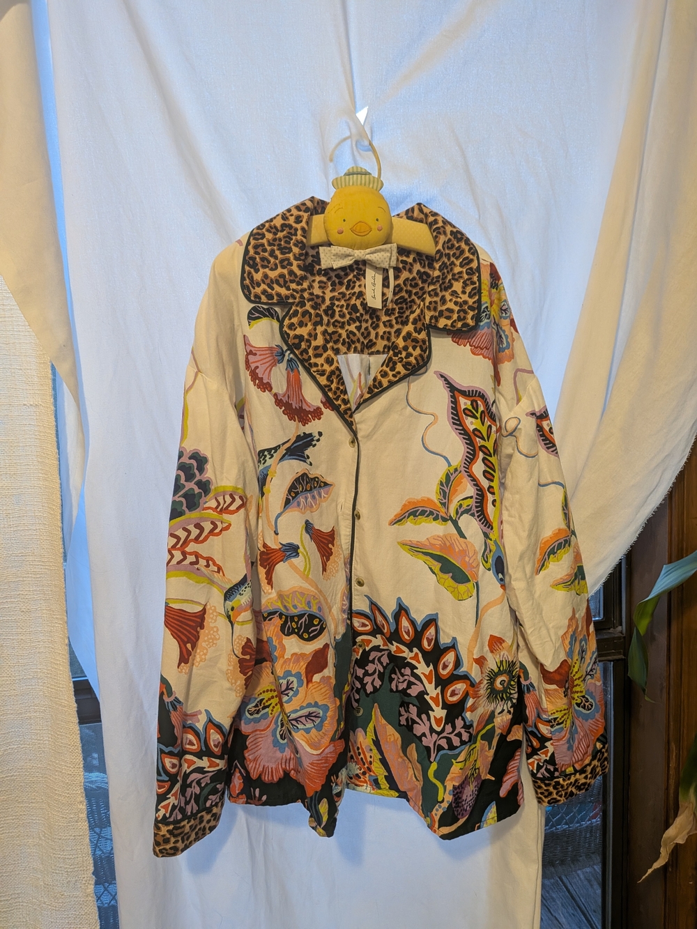 Anthropology Leopard Trim Floral Hummingbird Print Sleep Shirt